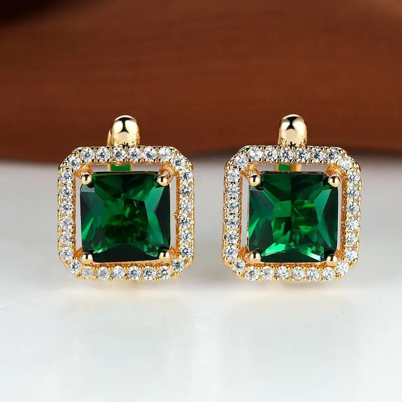 Doré Vert Carré Zircone Boucles d'Oreilles | Or