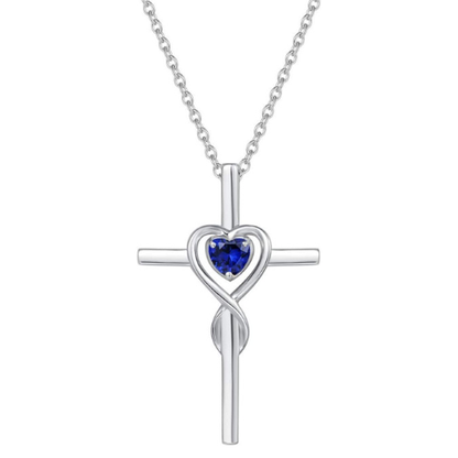 Saphir Cœur Pierre Croix Collier | Or Blanc