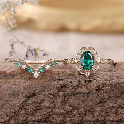 Aurelle Émeraude Bague Couronne Set | Or Rose